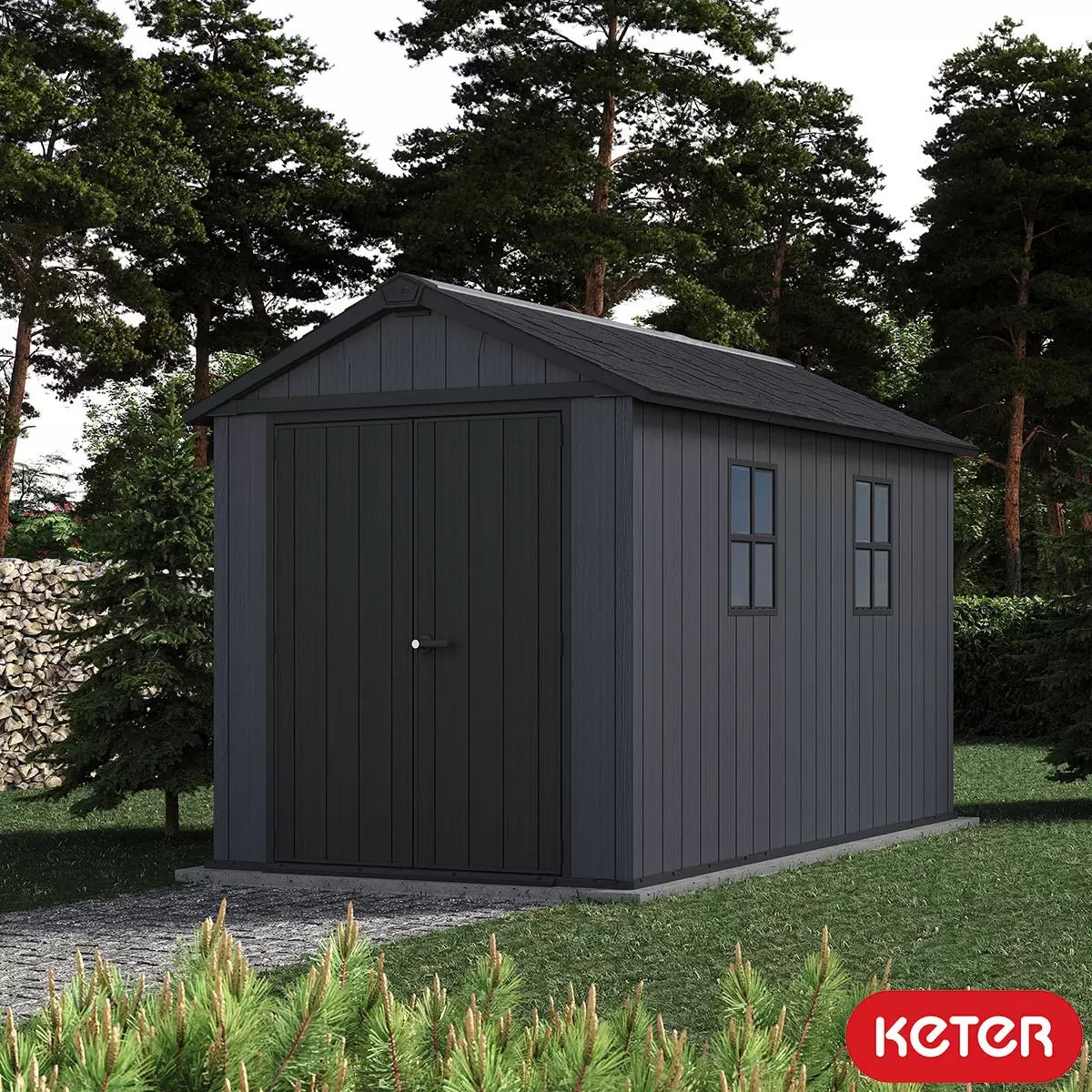 Keter 7.5’x11′ Newton Plus Front Entry Plastic Shed – Dark Grey - Image 2