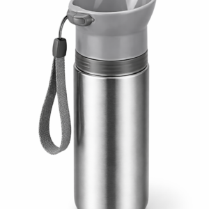 Portable Pet Water Bottle with Built-In Drinking Cup – Stainless Steel Travel Bottle with Carry Strap, Grey