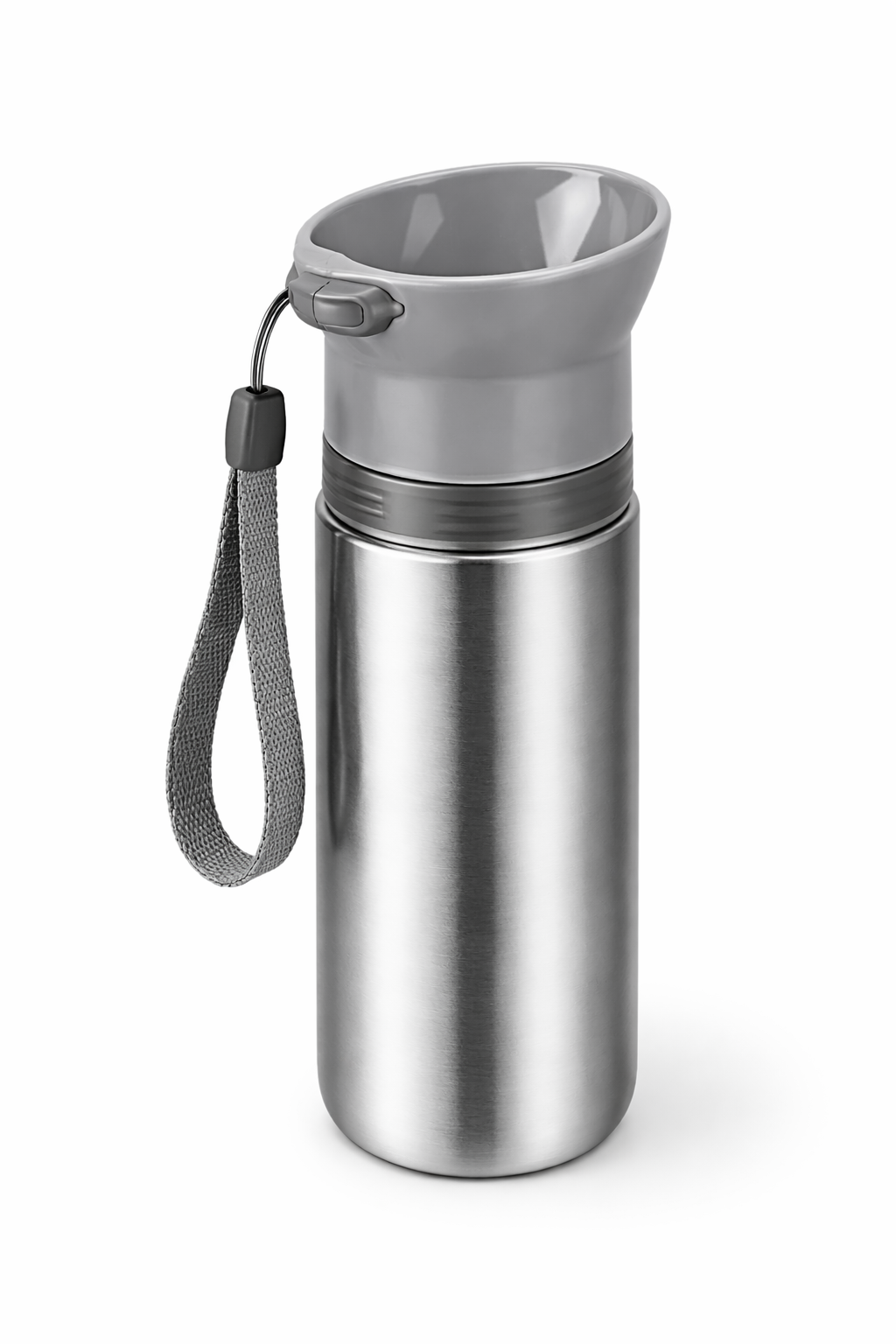 Portable Pet Water Bottle with Built-In Drinking Cup – Stainless Steel Travel Bottle with Carry Strap, Grey
