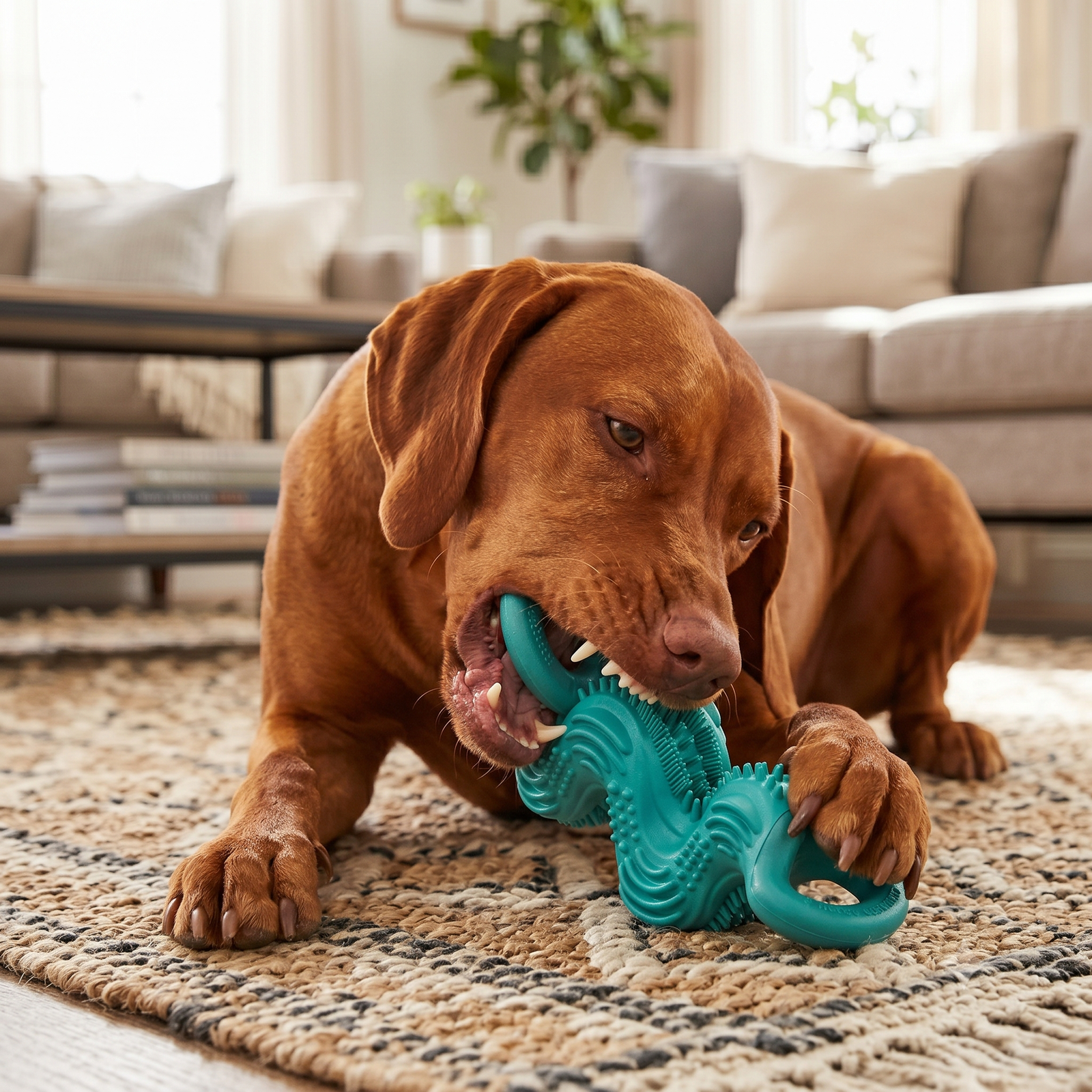 Sentech Groups Wavy Rubber Dog Chew Toy - Dental Teether with Bristles & Tug Handle, Teal - Image 5