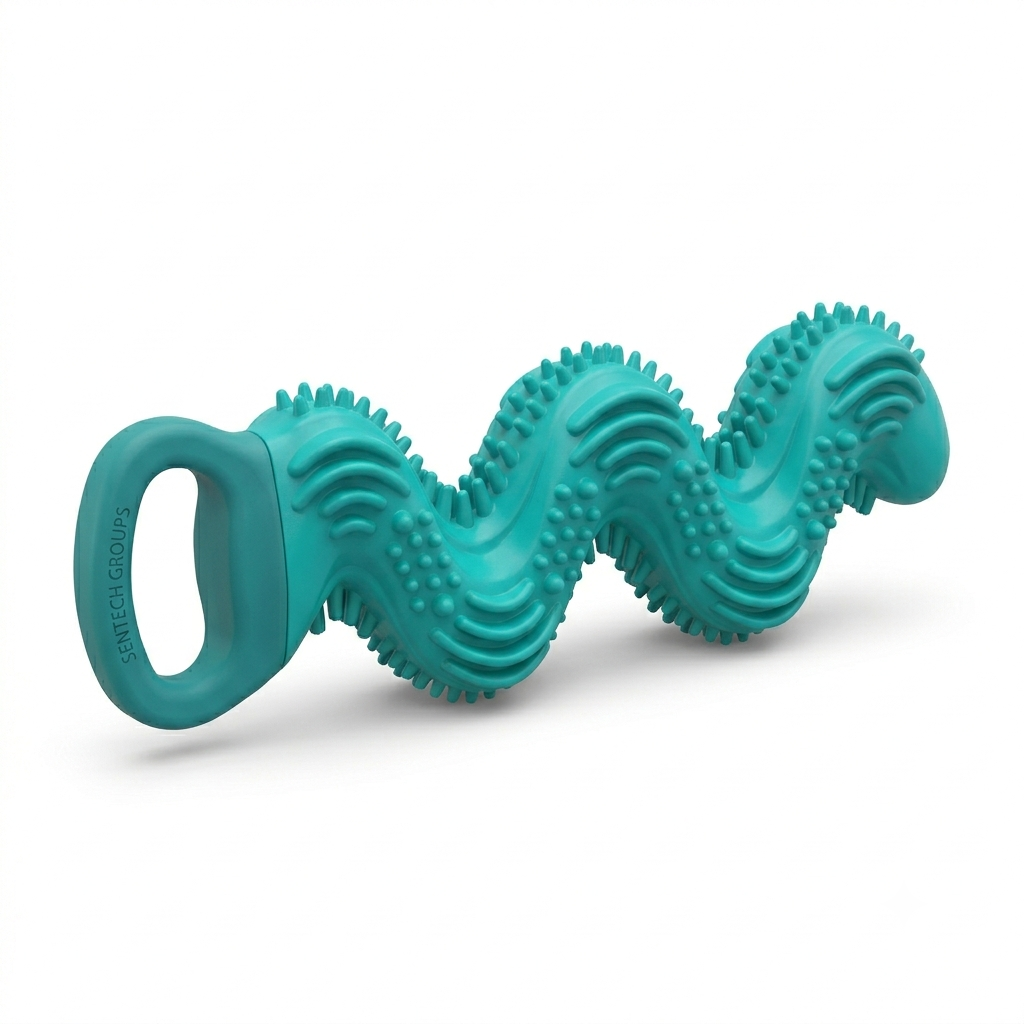 Sentech Groups Wavy Rubber Dog Chew Toy - Dental Teether with Bristles & Tug Handle, Teal - Image 2